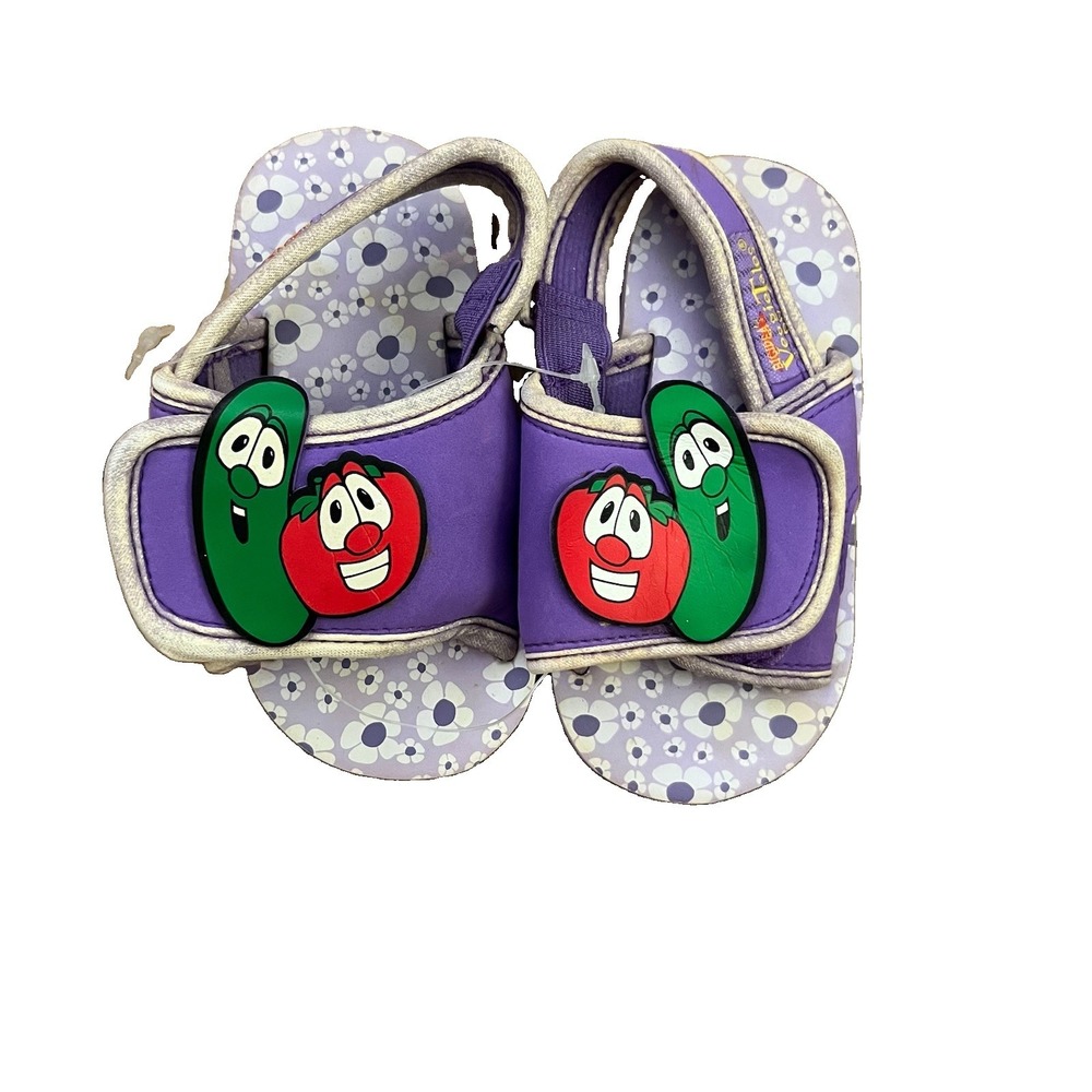 Vtg VeggieTales Toddler 7 Sandals Bob Larry Purple Floral Big Idea NWT Stain